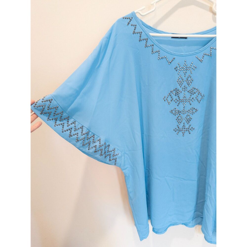 Cha Cha Vente womens blue rhinestone blouse size 3X - Picture 2 of 5
